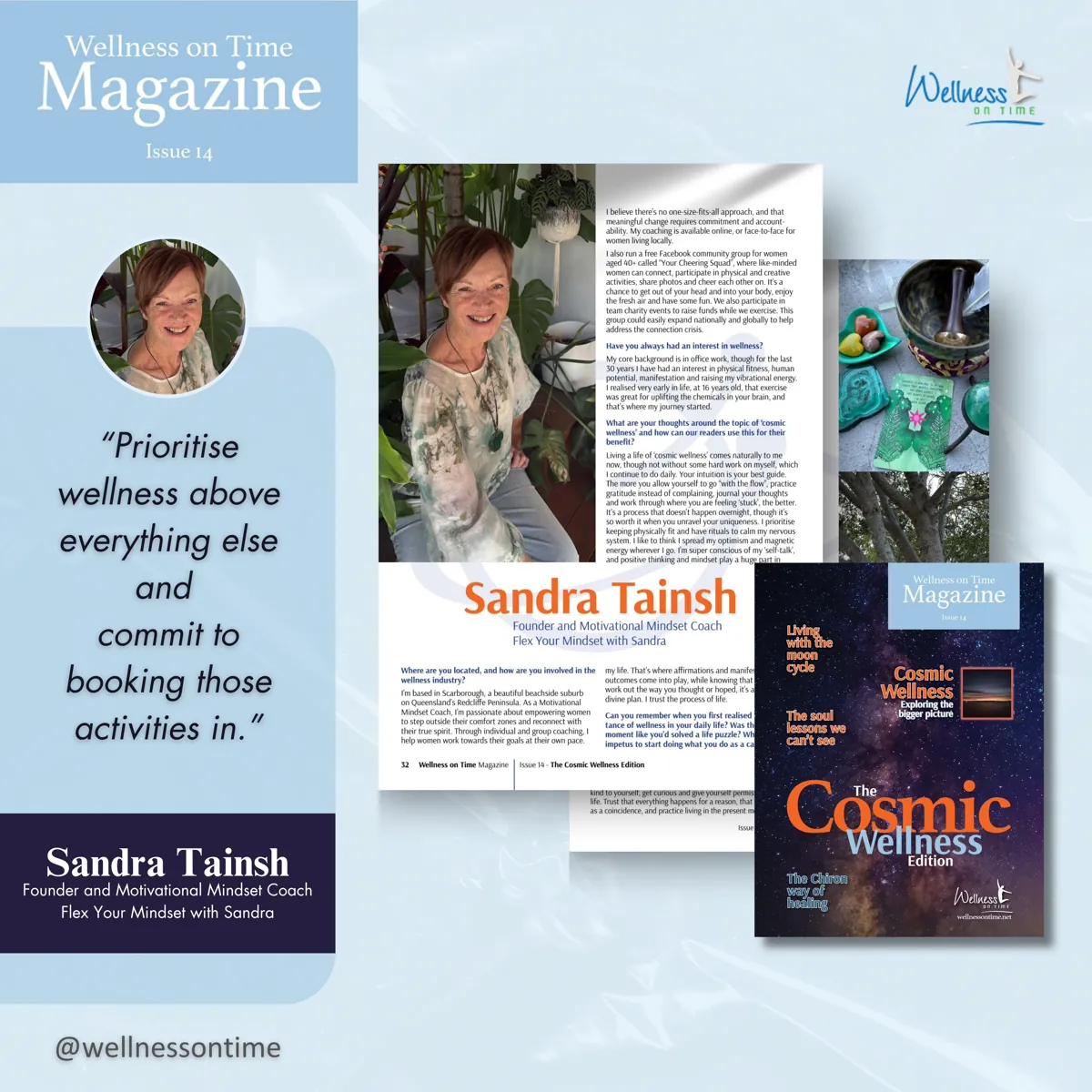 Sandra Tainsh's interview spread on page 32 of Wellness On Time Magazine Issue 14, with her quote: Prioritise wellness above everything else and commit to booking those activities in